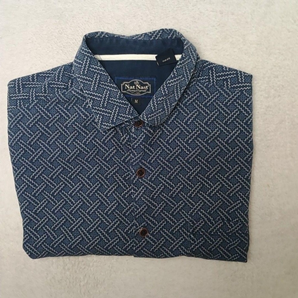 Nat Nast Shirt Mens M Blue Geometric Button-Up Short Sleeve Silk Cotton Casual